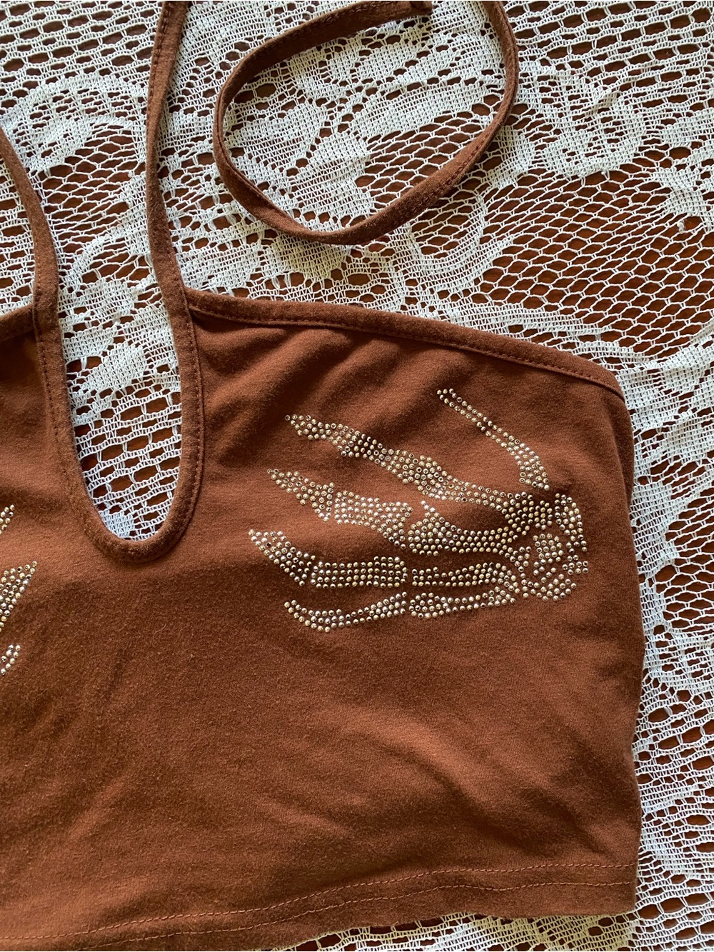 Brown Rhinestone Skeleton Hand Halter Crop Top - Picture 2 of 3